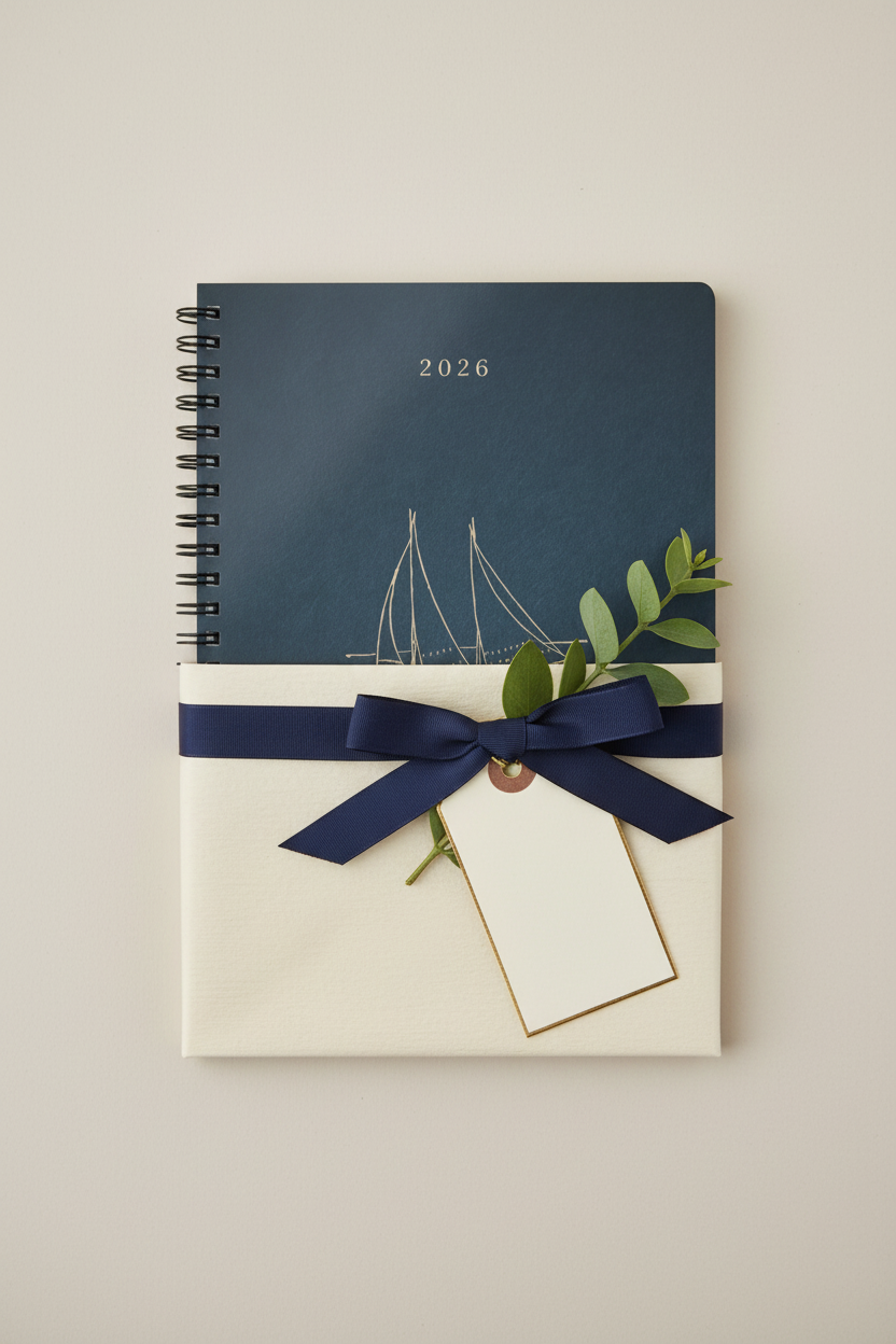 A5 notebook with dark teal top cover, ribbon bow, and 2026 over sailboat art
