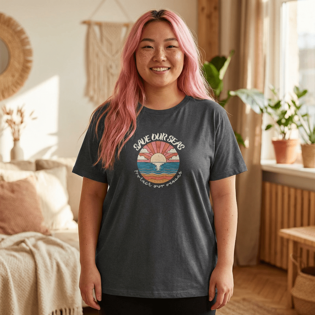 Save Our Seas T-Shirt | Retro Sunset Ocean Conservation Tee UK - AlleyCrafters
