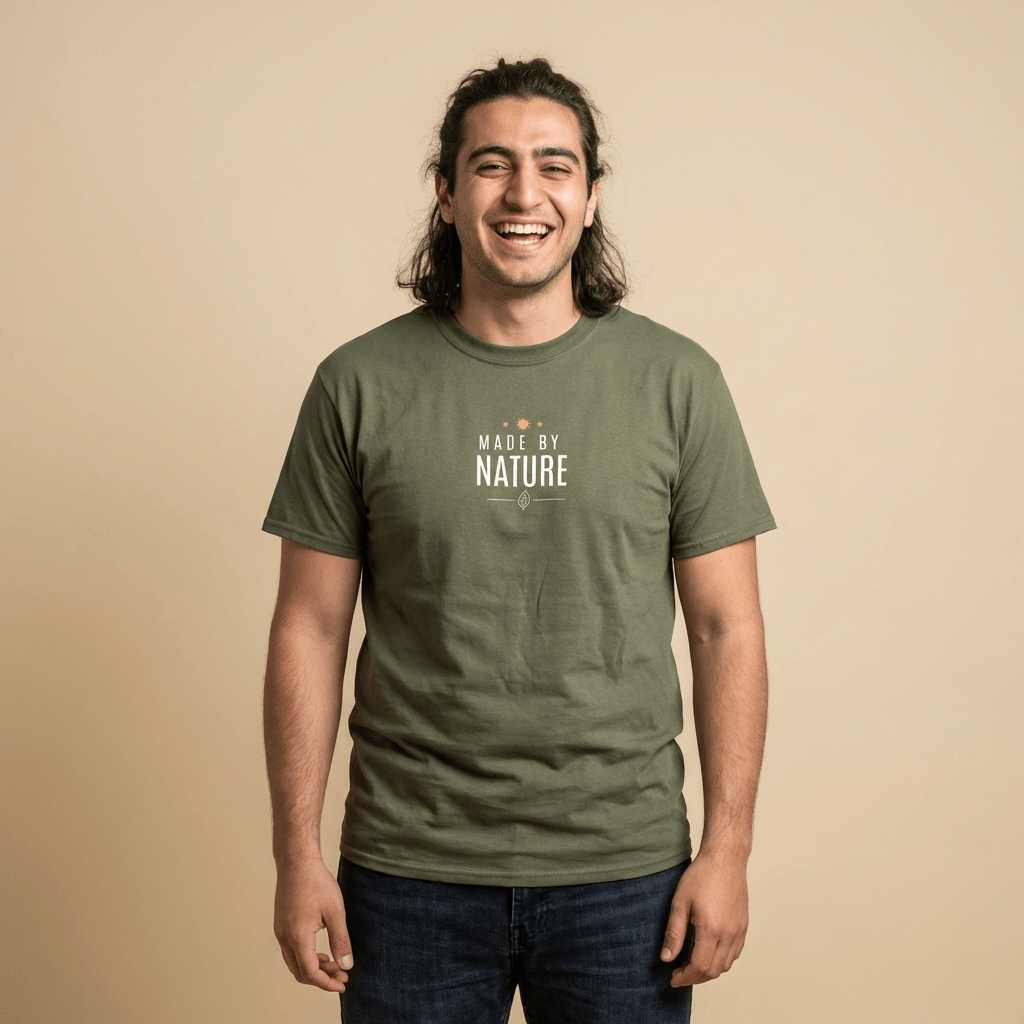 Olive green eco graphic T-shirt with centered MADE BY NATURE logo