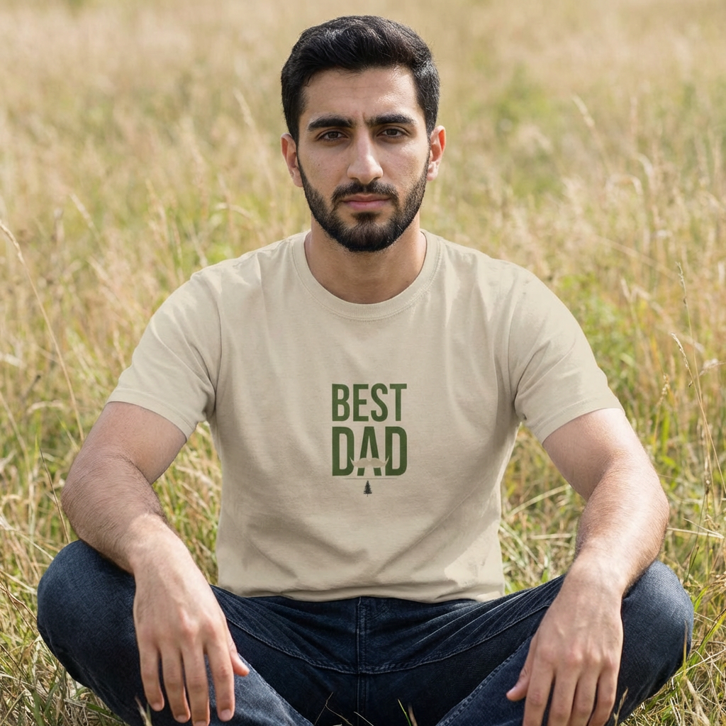 Cream men’s graphic T-shirt with green “BEST DAD” logo on the chest