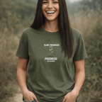 Olive green crew-neck T-shirt with small “Slow Progress” plant graphic on chest