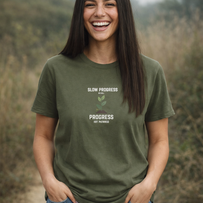 Motivational T-Shirt — "Slow Progress Is Still Progress" Minimal Plant Design