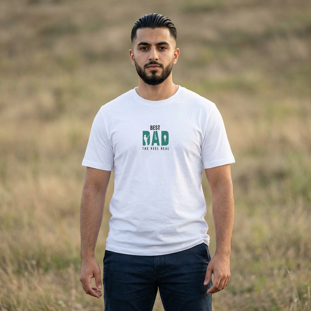 White t-shirt with small green “BEST DAD” paw/reel graphic, crew neck