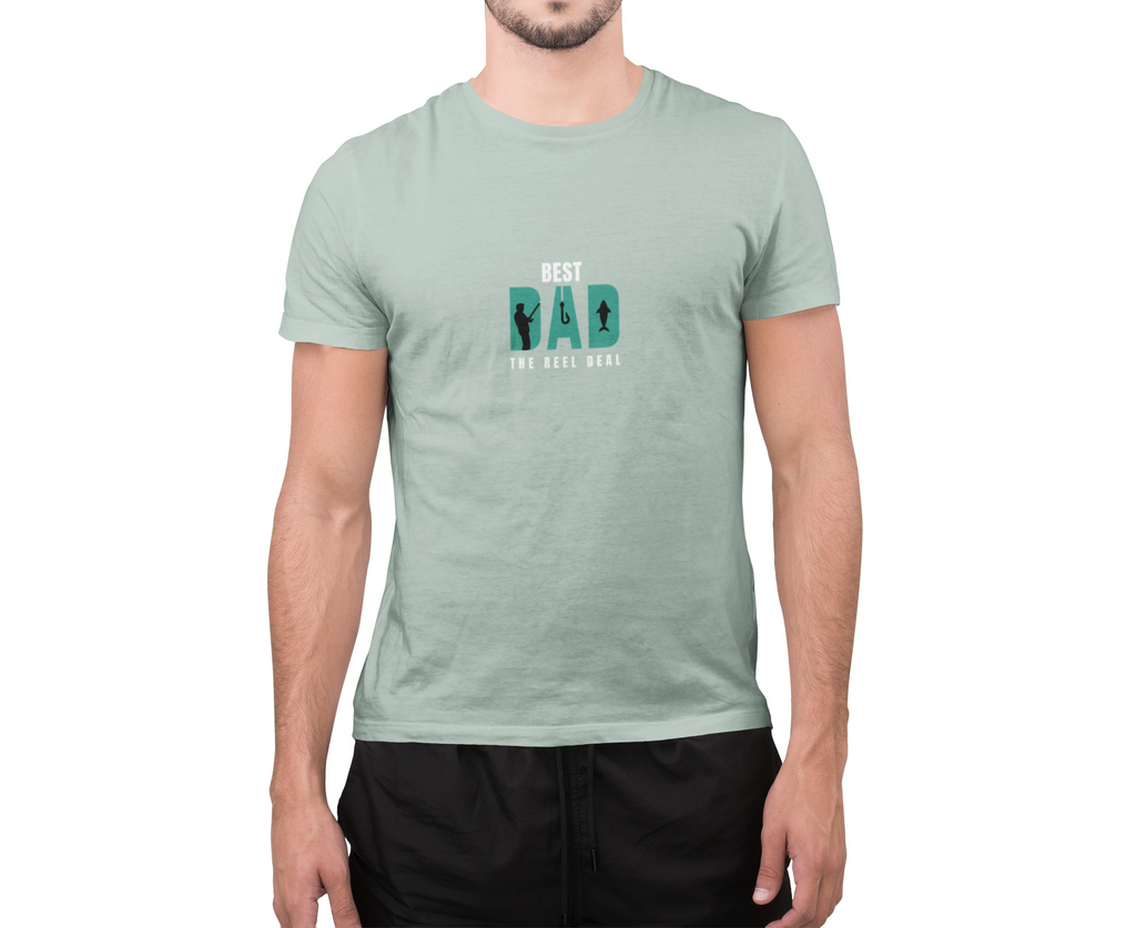Light green t-shirt with small “BEST DAD” paw/reel graphic, crew neck