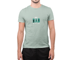 Light green t-shirt with small “BEST DAD” paw/reel graphic, crew neck