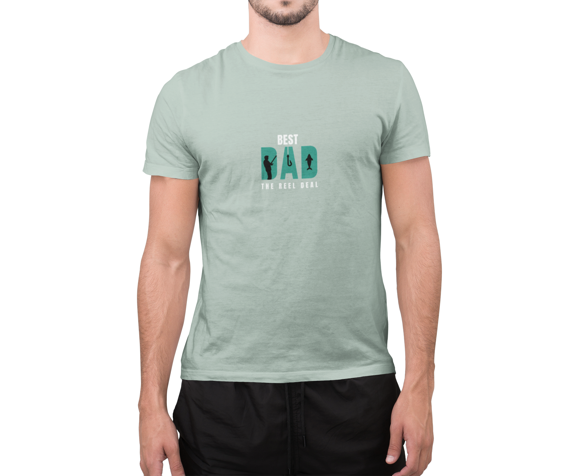 Light green t-shirt with small “BEST DAD” paw/reel graphic, crew neck
