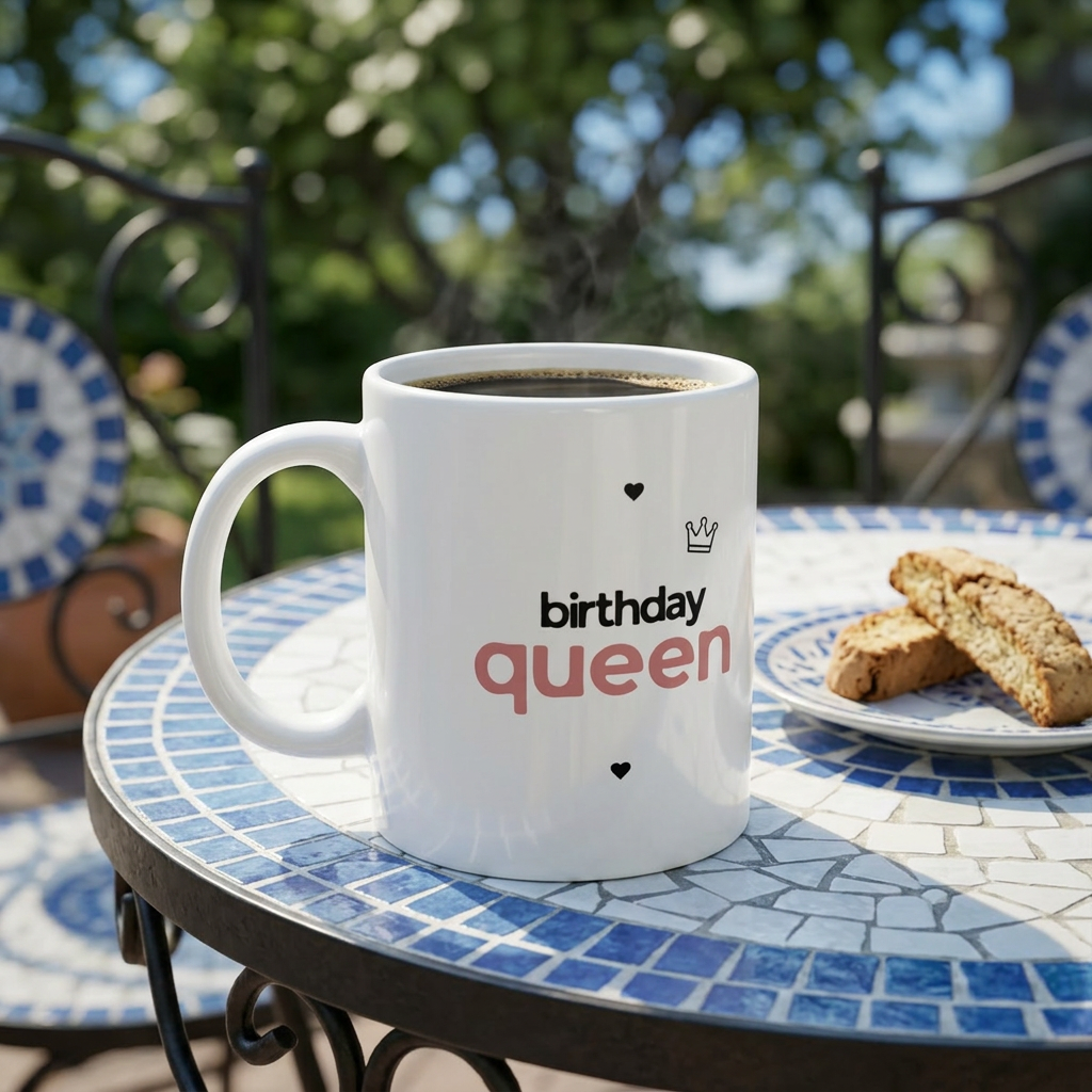 White ceramic mug with 'birthday queen' text and hearts on front