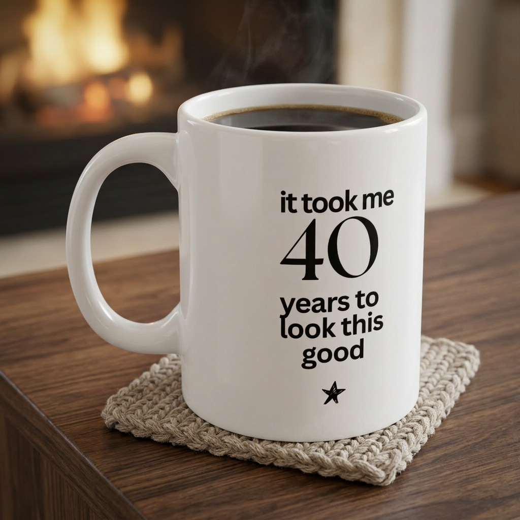 White mug on woven coaster with 'it took me 40 years to look this good' and star