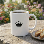 White mug with black crown icon on front, ready for birthday drinks