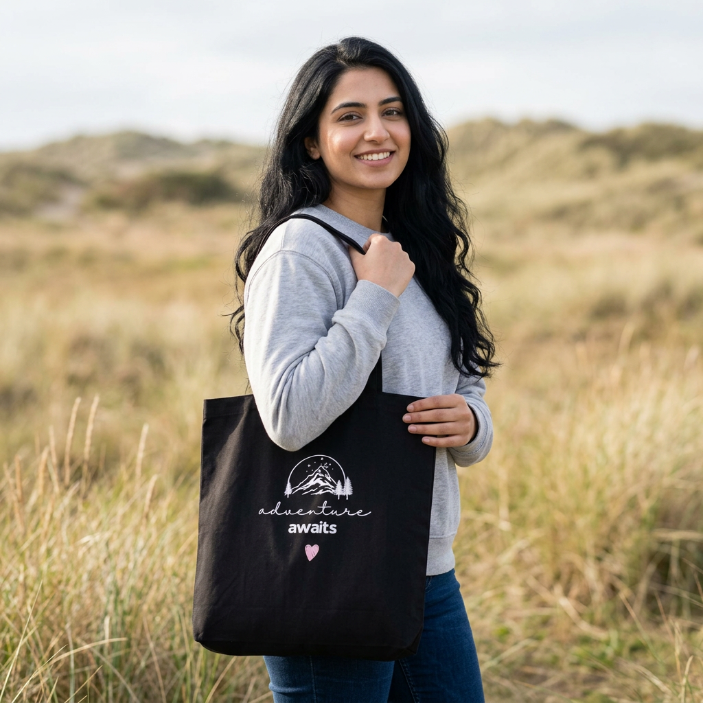 Adventure Awaits Cotton Tote — Mountain Sketch & Heart Canvas Bag