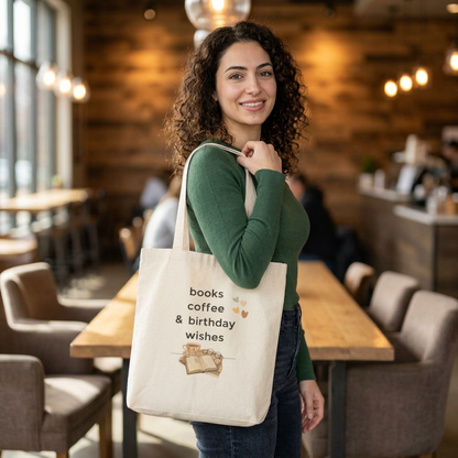Books Coffee & Birthday Wishes Tote Bag — Book Lover Birthday Gift