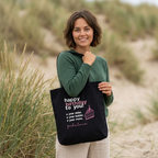 Black cotton tote bag with birthday message and cupcake graphic