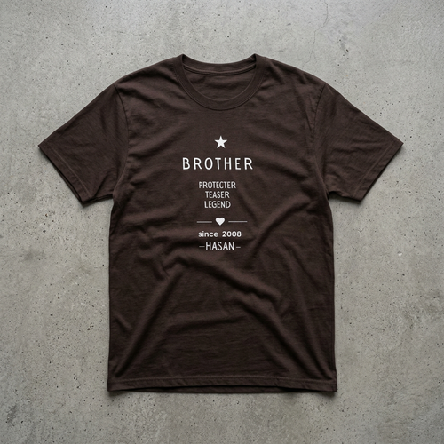 Dark brown Brother crew-neck T-shirt with white protector teaser legend graphic