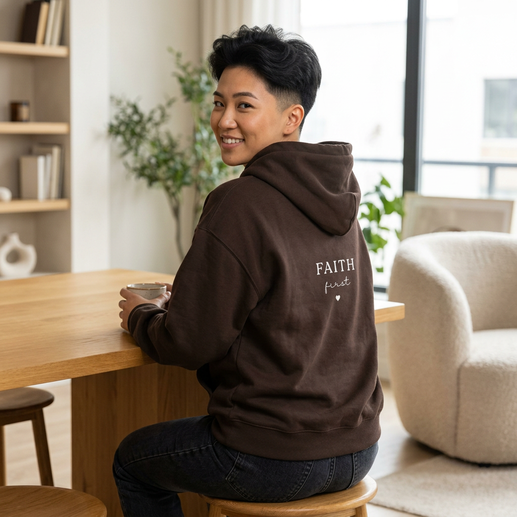 Dark brown hoodie sweatshirt with pullover hood and 'FAITH' back graphic