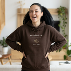 Dark brown couples hoodie with front kangaroo pocket, drawstring hood, "Married AF" print