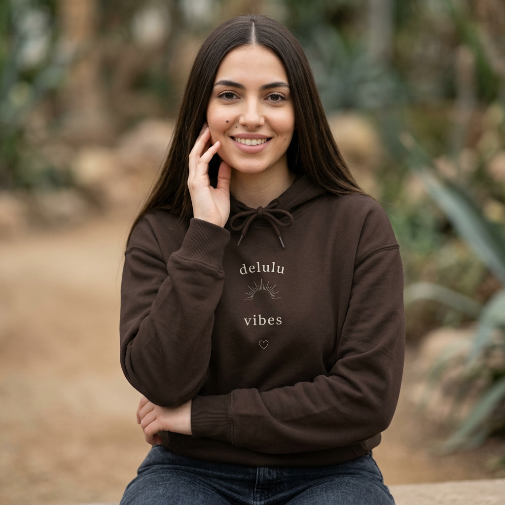 Dark brown hoodie with “delulu vibes” logo at chest, front pocket and drawstring hood.