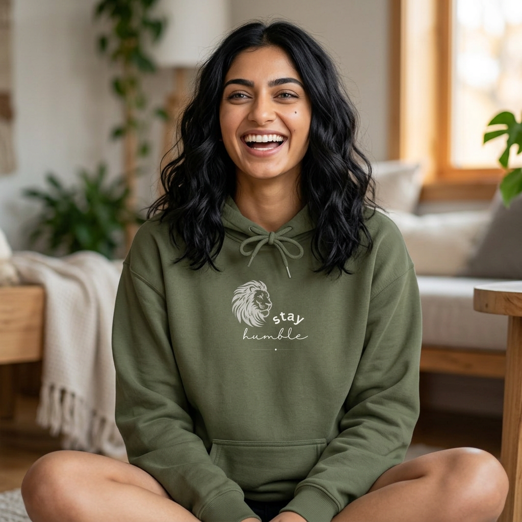 Lion graphic hoodie in military green, front pocket and drawstring hood with “stay humble” print