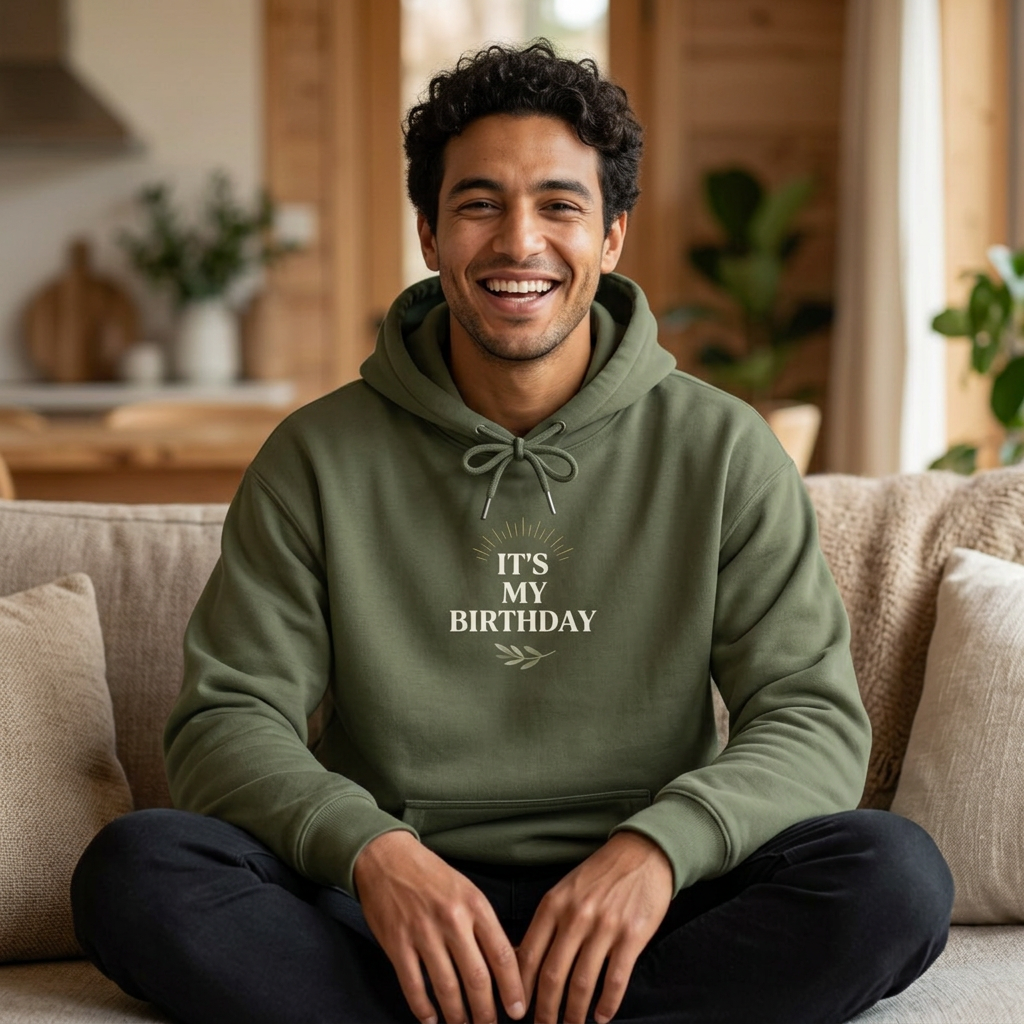 Birthday hooded sweatshirt in olive green with front “It’s My Birthday” print and pouch pocket