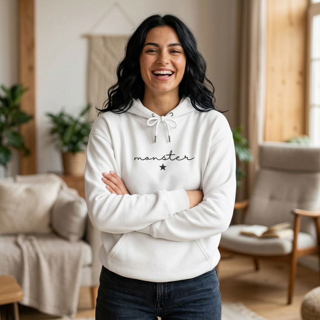 White monster graphic hoodie with drawstring hood, front pouch pocket, cropped front view