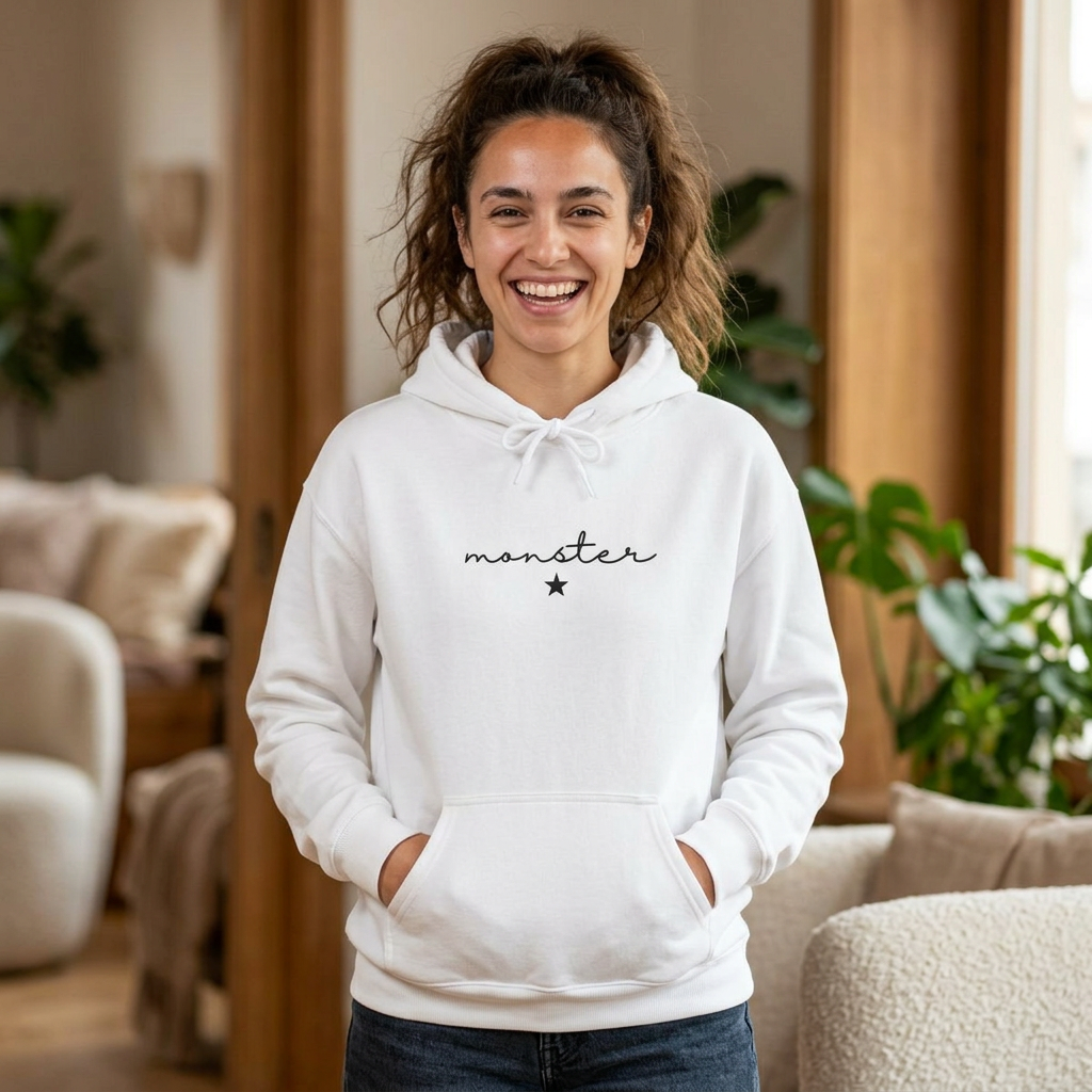White monster graphic hoodie with drawstring hood and front pouch pocket