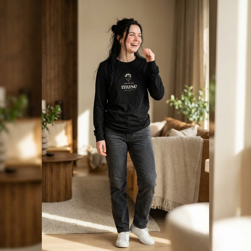 Black long sleeve T-shirt, worn by person, with 'muse' slogan and tree logo front