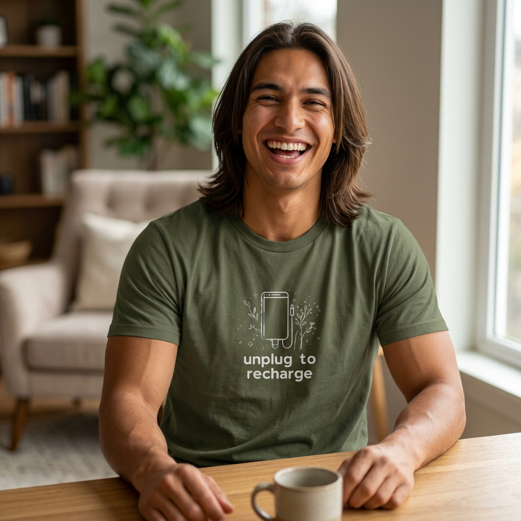 Forest green unisex T-shirt with centered 'unplug to recharge' phone graphic