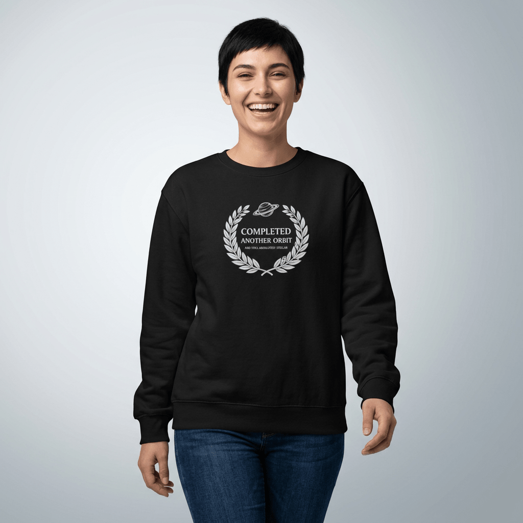 Black crewneck sweatshirt with laurel logo graphic on chest