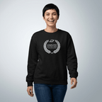 Black crewneck sweatshirt with laurel logo graphic on chest