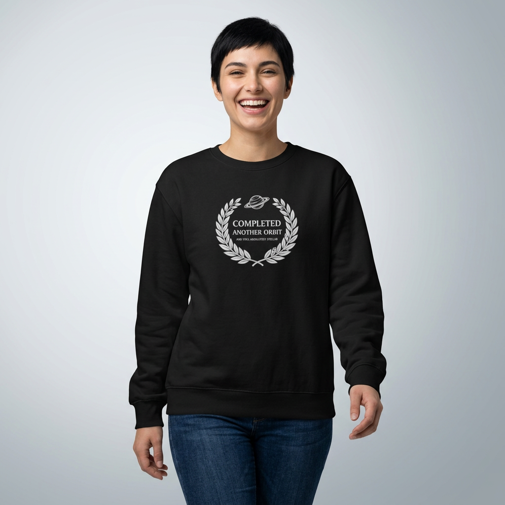 Black crewneck sweatshirt with laurel logo graphic on chest
