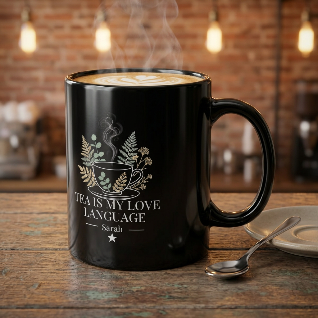 Personalized black tea mug with floral cup design, “Tea Is My Love Language” and name Sarah