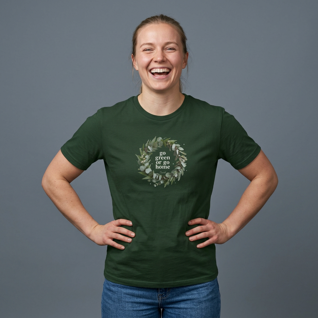 Forest green unisex eco T-shirt with leaf wreath 'go green or go home' graphic