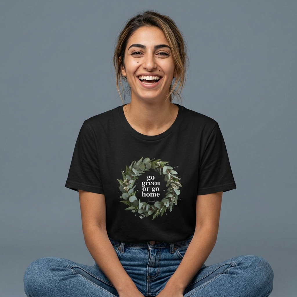Black unisex eco T-shirt with leaf wreath 'go green or go home' graphic