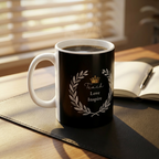 Black personalized teacher mug with laurel wreath and “Teach Love Inspire” text
