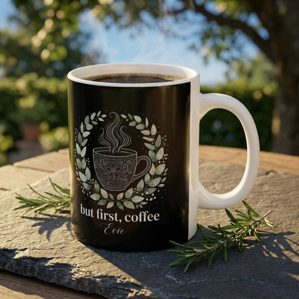 Black ceramic coffee mug with white handle, floral wreath coffee-cup graphic and quote