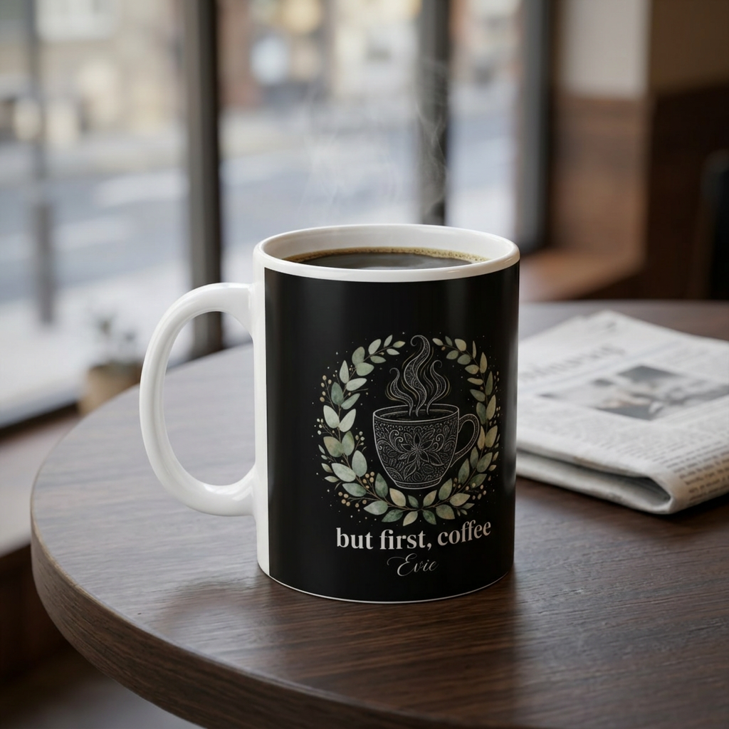 Black ceramic coffee mug with white handle and interior, floral coffee-cup design and quote