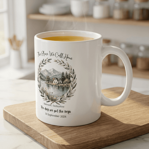 White ceramic mug with lake scene, leaf wreath, Bakewell Derbyshire, 14 September 2024