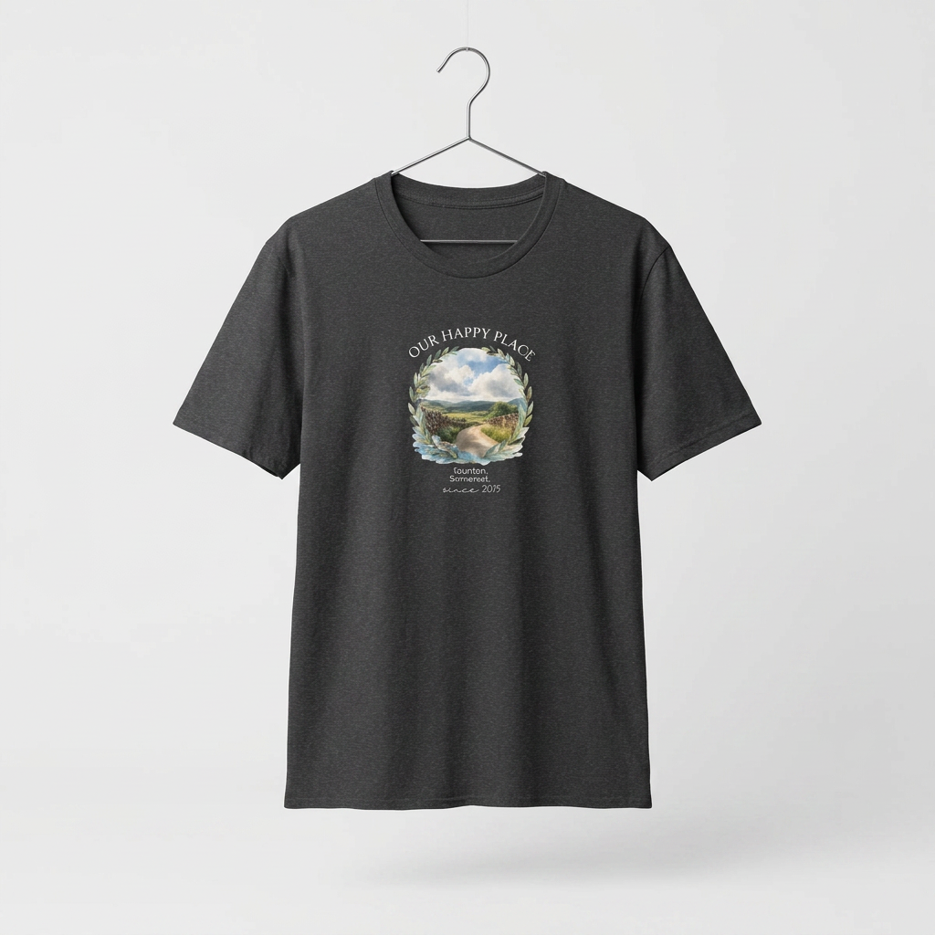 Our Happy Place Scenic T‑Shirt — Personalized Town Landscape Tee
