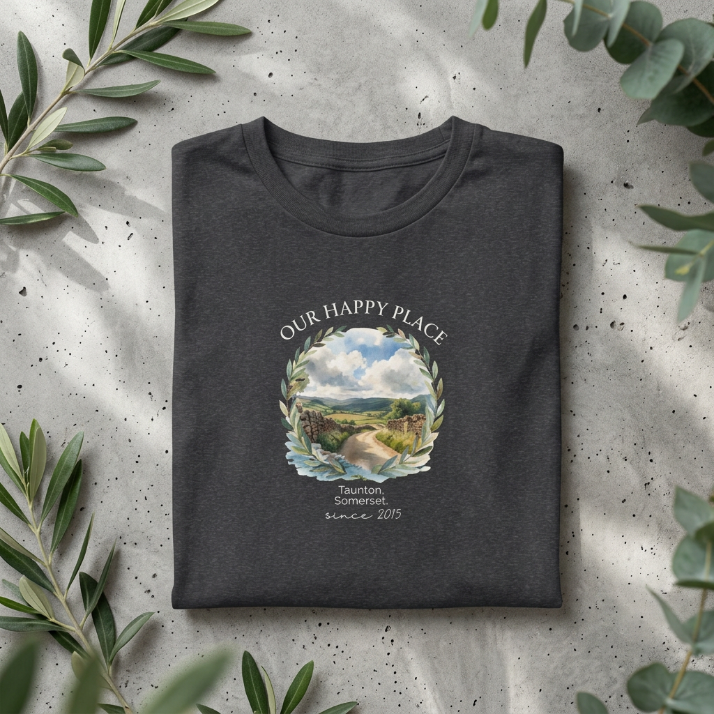 Our Happy Place Scenic T‑Shirt — Personalized Town Landscape Tee