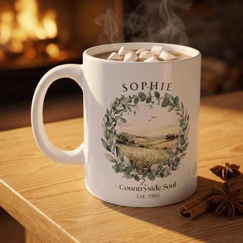 White ceramic coffee mug with countryside wreath print and name "SOPHIE"