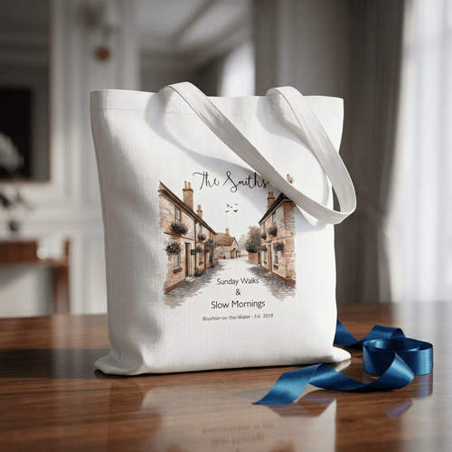White cotton tote bag with village scene graphic and text “Sunday Walks, Slow Mornings”