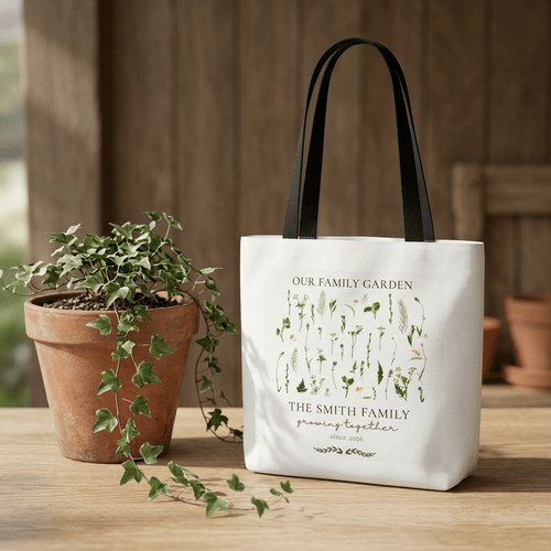 Our Family Garden Personalised Tote Bag — Custom Family Name Floral Canvas Gift - AlleyCrafters