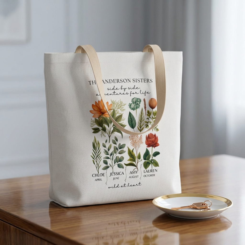 Botanical Family Name Canvas Tote - Personalized Floral Garden Tote Bag