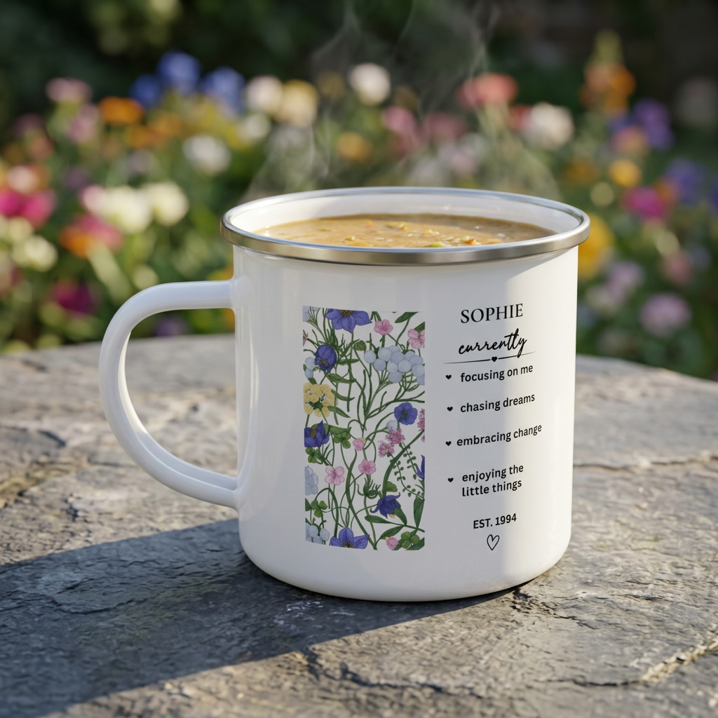 White enamel mug with side floral panel and 'SOPHIE currently' text, handle.