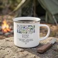 White enamel mug with purple floral panel and 'SOPHIE known for…' quote, handle.