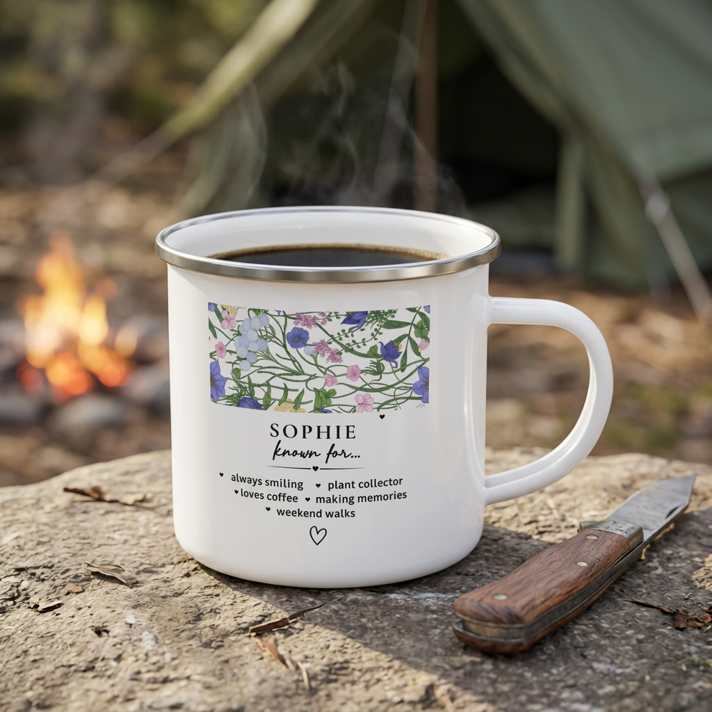 White enamel mug with purple floral panel and 'SOPHIE known for…' quote, handle.