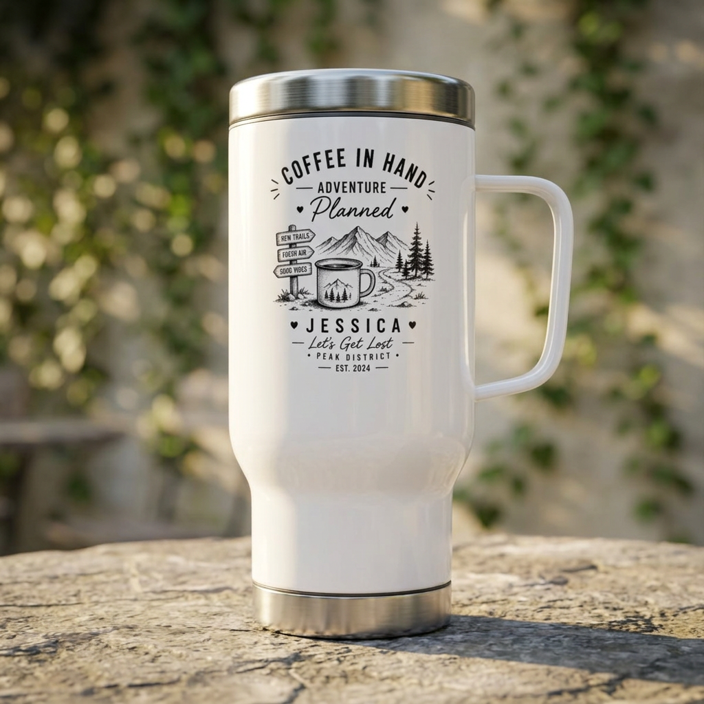 Coffee in Hand Adventure Travel Mug — Personalized 'Jessica' 14oz Stainless Steel