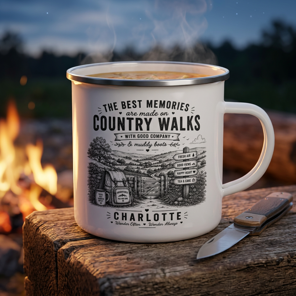 Personalised Enamel Camping Mug — "The Best Memories Are Made on Country Walks"