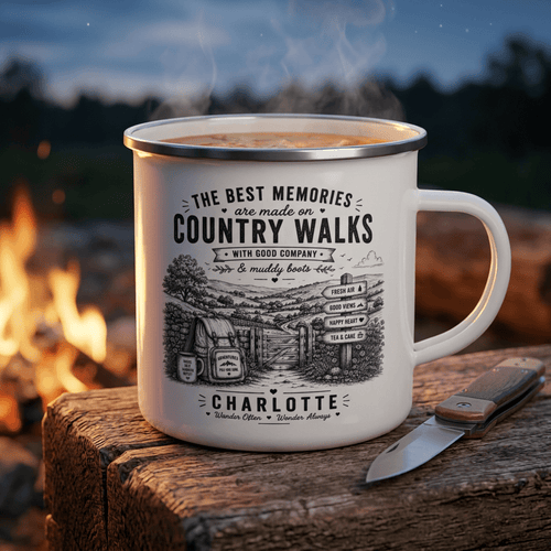 Personalised Enamel Camping Mug — "The Best Memories Are Made on Country Walks" - AlleyCrafters