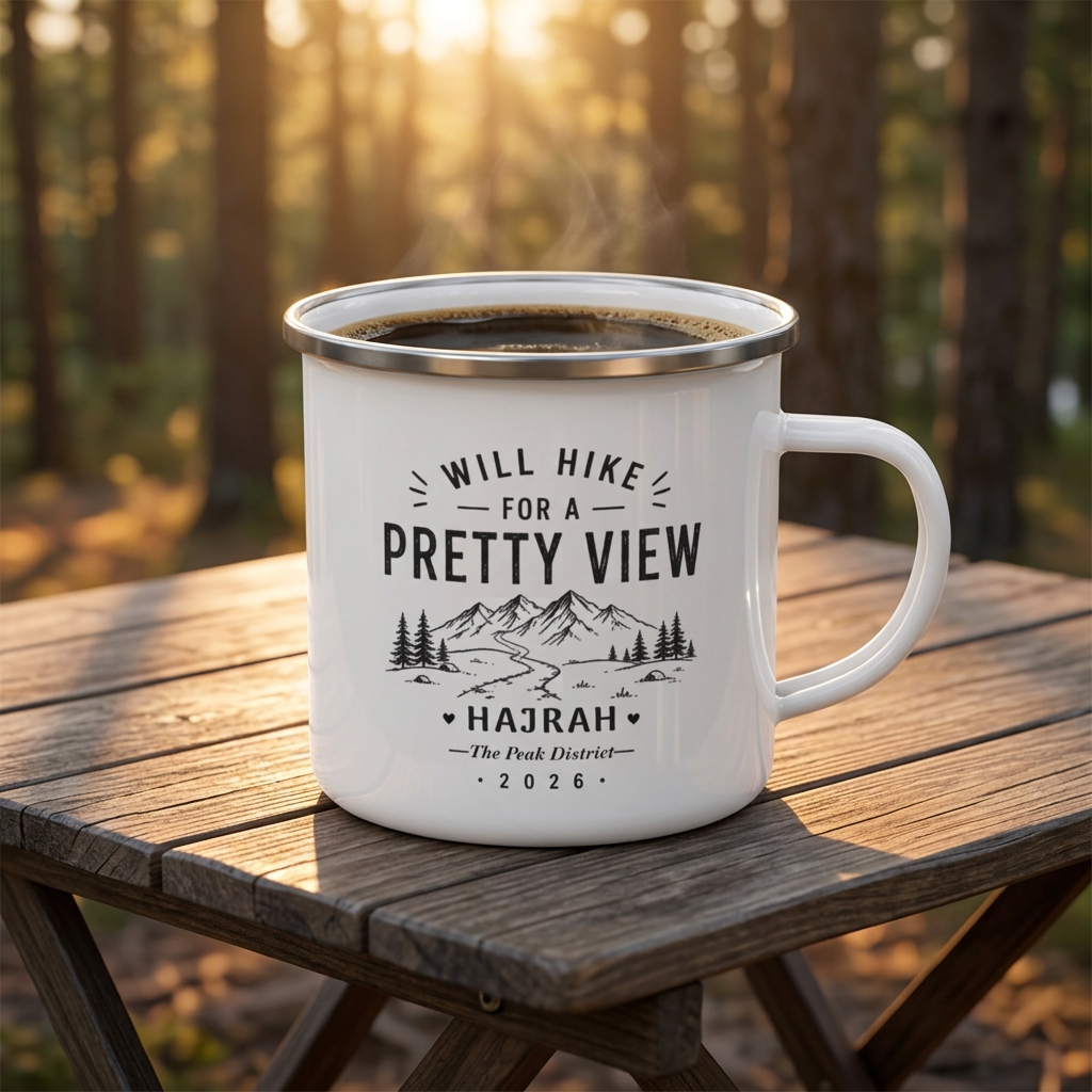 Enamel Camping Mug - "Will Hike for a Pretty View" Mountain Campfire Mug
