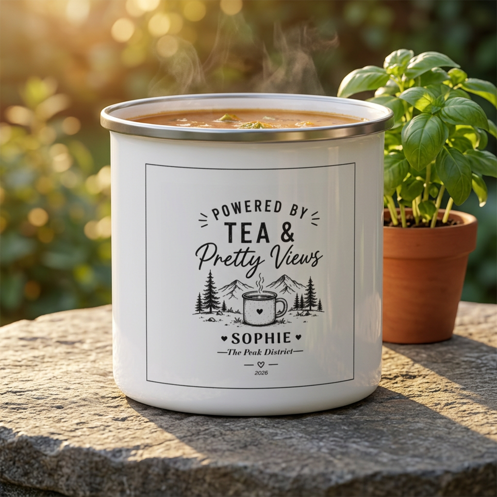 Enamel Camping Mug — Powered by Tea & Pretty Views